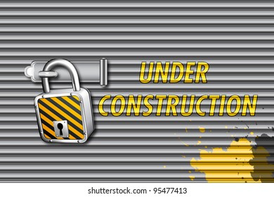illustration of under construction text on closed shutter with pad lock