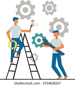 The illustration is under repair. Two people are working on repairs.