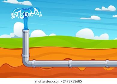 Illustration of an underground pipe spouting water background.