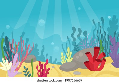 Illustration Of A Undersea World
 Landscape In Cartoon Style. Underwater Plants And Corals On The Seabed.
