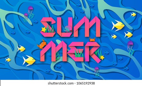 Illustration of Underwater with coral, fish, starfish, jellyfish, crabs, shellfish  and summer text design. On the water surface background. paper cut and craft style. vector, illustration.