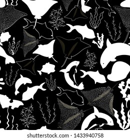 Illustration of underwater corals, whales, rocks, stingray, fish and seaweeds in black and white. Seamless vector pattern for gifts, fabric and scrapbooking.