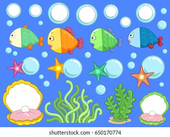 Illustration von Unterwasserelementen wie Fisch, Blasen, Starfish, Muschel und Algen für Unterrichtsräume