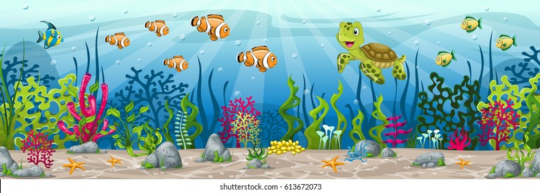 Illustration of an underwater landscape with animals and plants
