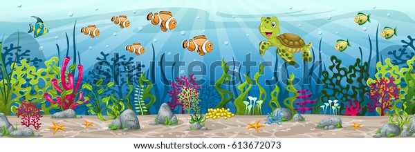 Illustration of an underwater landscape with animals and plants.
