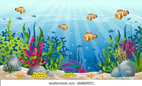 Illustration of underwater landscape with clownfish 