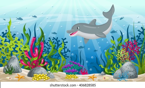 Illustration of underwater landscape with dolphin 