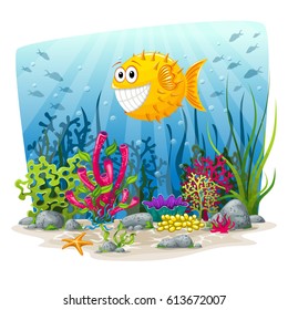 Illustration of an underwater landscape with fish and plants