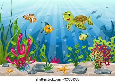  Illustration of underwater landscape with turtle and fish