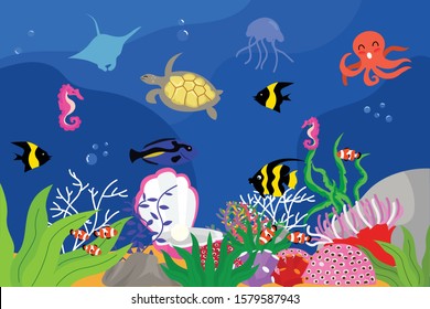 illustration underwater landscape with turtle, variant fish, clownfish, octopus