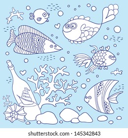 Illustration of underwater life. A set of elements: fish, bottle of a sailing vessel, shell, coral. Vector illustration.