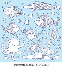 Illustration of underwater life. A set of elements: fish, anchor, octopus, shell. Vector illustration.