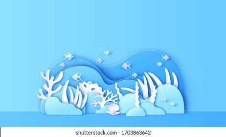 Illustration Of Underwater Scene With Coral Reef And Fish. Paper Cut And Craft Style. Vector, Illustration.