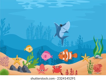 illustration of underwater scenery complete with fish and underwater plants