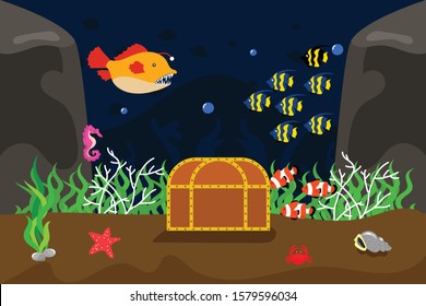 illustration of underwater scenery and treasure box inside
