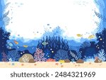 Illustration of underwater sea life of a coral reef. Hand drawn vector background in a cartoon style