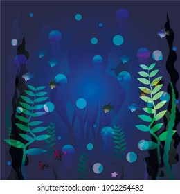 ILLUSTRATION OF THE UNDERWATER SEA WORLD AND ITS INHABITANTS. Crayfish, crabs, miduz, octopus, fish, seaweed in vector.