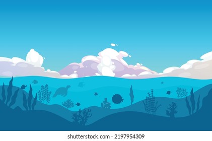 Illustration of underwater surface with sky, big cloud, fauna, coral reef, seaweed, algae, plants, fishes. Silhouette ocean surface