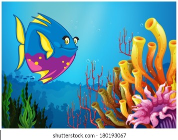 Illustration of an underwater view with a big fish and beautiful coral reefs on a white background