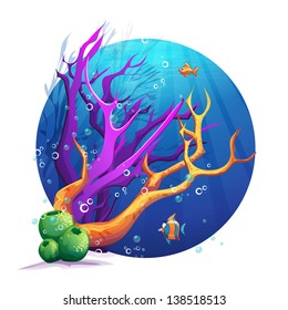 Illustration of the underwater world with corals and fish fun 