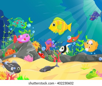  illustration of underwater world with corals and tropical fish