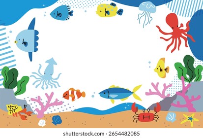 Illustration of the underwater world with fish, seaweed and crabs