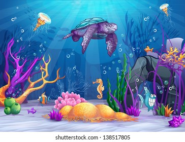 Illustration the underwater world and funny fish   turtle 