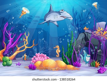 Illustration of the underwater world with a funny fish and hammerhead shark