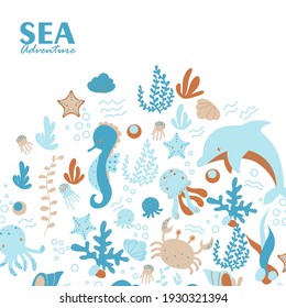 Illustration of the underwater world with a funny sea animals