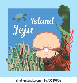 illustration of underwater world of jeju island. marine life of Jeju Island. Template for cards, banners and posters.