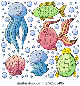 Illustration underwater world, marine clipart. Seamless pattern for cards, flyers, banners, fabrics