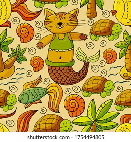 Illustration underwater world, marine clipart. Seamless pattern for cards, flyers, banners, fabrics