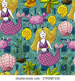 Illustration underwater world, marine clipart. Seamless pattern for cards, flyers, banners, fabrics