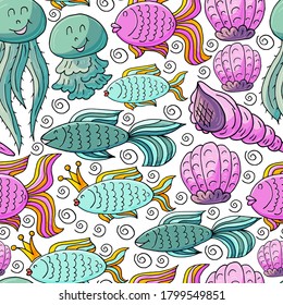 Illustration underwater world, marine clipart. Seamless pattern for cards, flyers, banners, fabrics