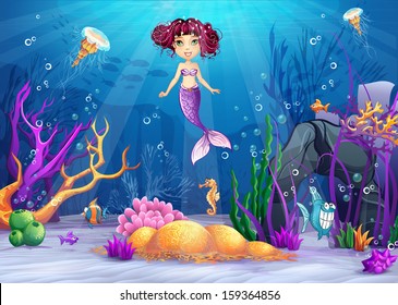 Illustration of the underwater world with a mermaid with pink hair