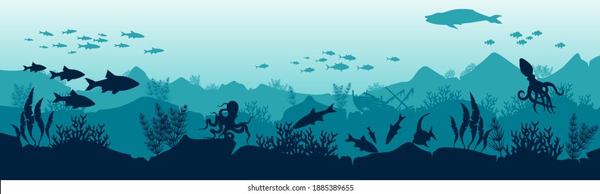 Illustration of the underwater world. Reefs and fish in the ocean. Stock vector illustration. Panoramic wallpaper with the underwater world. Underwater landscape. eps 10 vector 