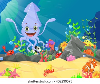 illustration of Underwater world with reefs and tropical fishes