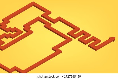 Illustration of undulating arrow, image of moving forward while hesitating, isometric