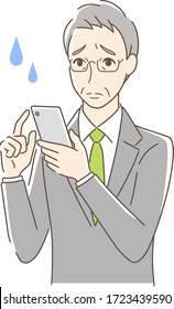 Illustration of an uneasy man operating a smartphone