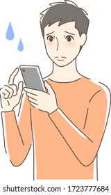 Illustration of an uneasy man operating a smartphone
