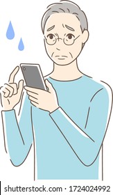 Illustration of an uneasy man operating a smartphone