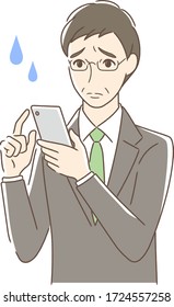 Illustration of an uneasy man operating a smartphone