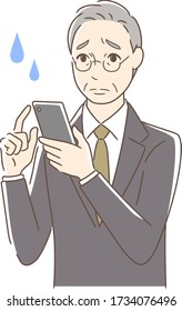 Illustration of an uneasy man operating a smartphone