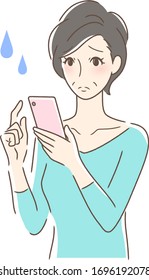 Illustration of an uneasy woman operating a smartphone