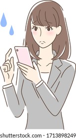 Illustration of an uneasy woman operating a smartphone