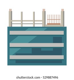Illustration of unfinished building. First floors with glasses. Rows and columns of metal scaffolding over rectangular windows on building outdoors. Architecture in cartoon style. Vector illustration
