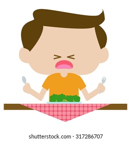 illustration of unhappy boy with vegetables