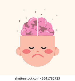 illustration of unhappy human head with unhealthy brain. Concept of mental health. 