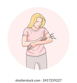 Illustration of an unhappy suffering woman scratching the skin on her hand. Various skin problems, such as allergies, psoriasis, itching, atopic dermatitis, eczema, dryness, redness.