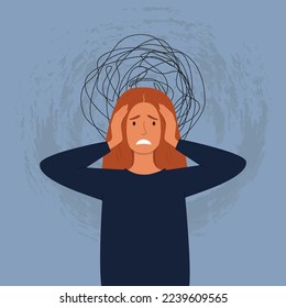 An illustration of an unhappy woman with her head in her hands, suffering from internal chaos. A feeling of anxiety, mental disorder, confusion of thoughts. The concept of a panic attack.